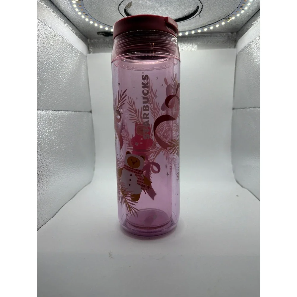 Starbucks Holiday Tumbler 16oz Pink Acrylic Double Wall Bear Reindeer Flip Lid
